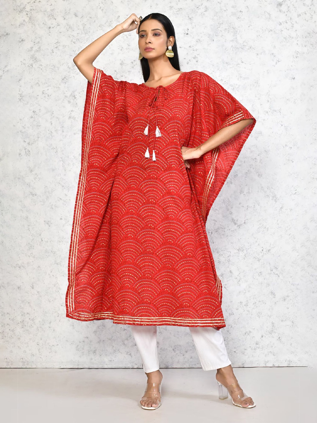 

MIRAVAN Geometric Printed Pure Cotton Kaftan Kurta, Red