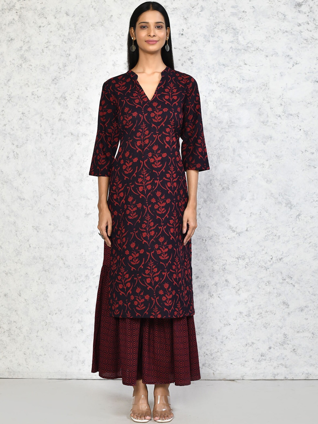 

MIRAVAN Floral Printed Pure Cotton Straight Kurta with Sharara, Maroon