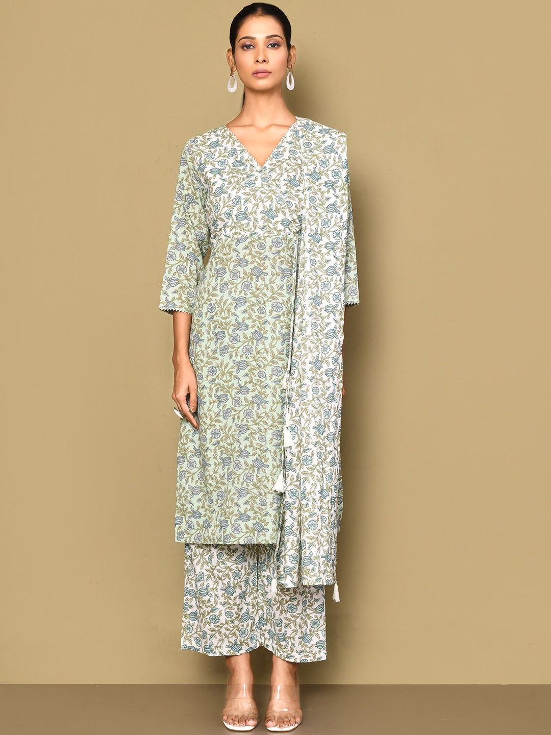 

MIRAVAN Floral Printed Pure Cotton Straight Kurta & Palazzos With Dupatta, Green