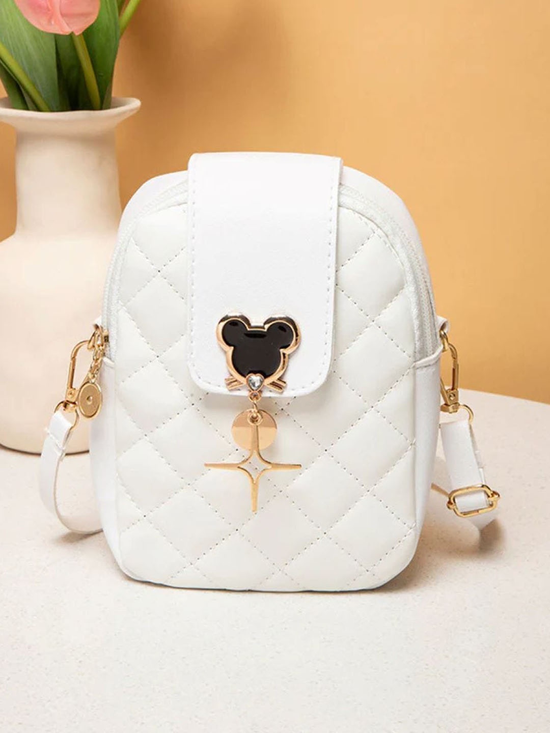 

SYGA Leather Bucket Sling Bag with Quilted, White