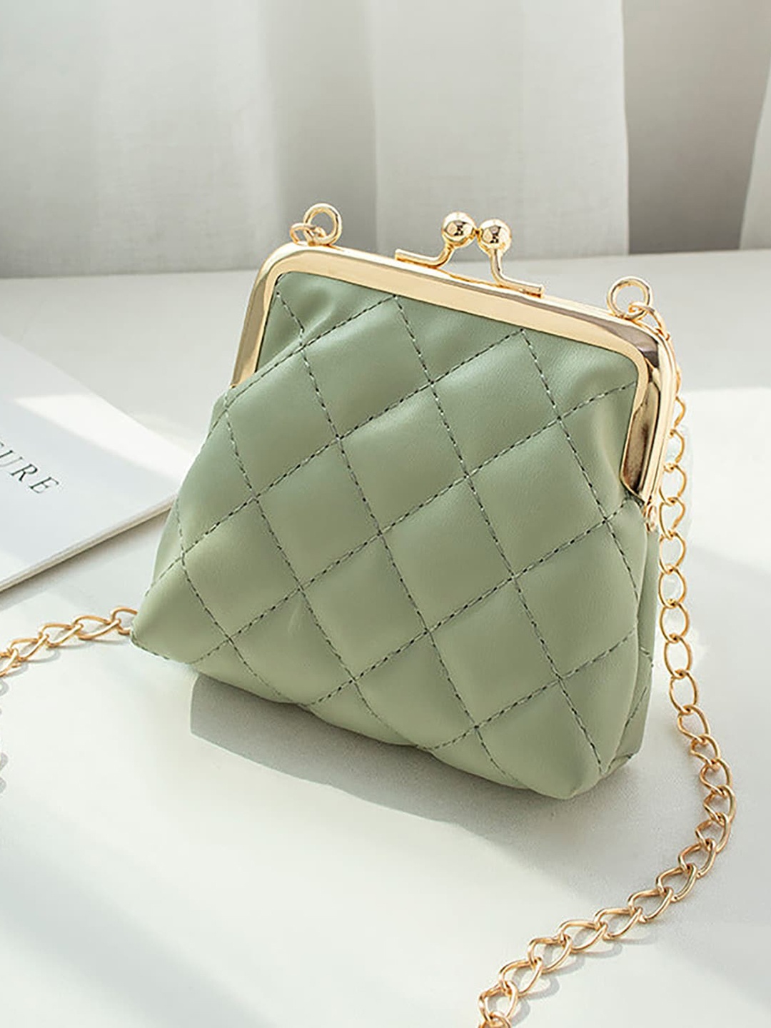 

SYGA Textured Leather Bucket Sling Bag with Quilted, Green