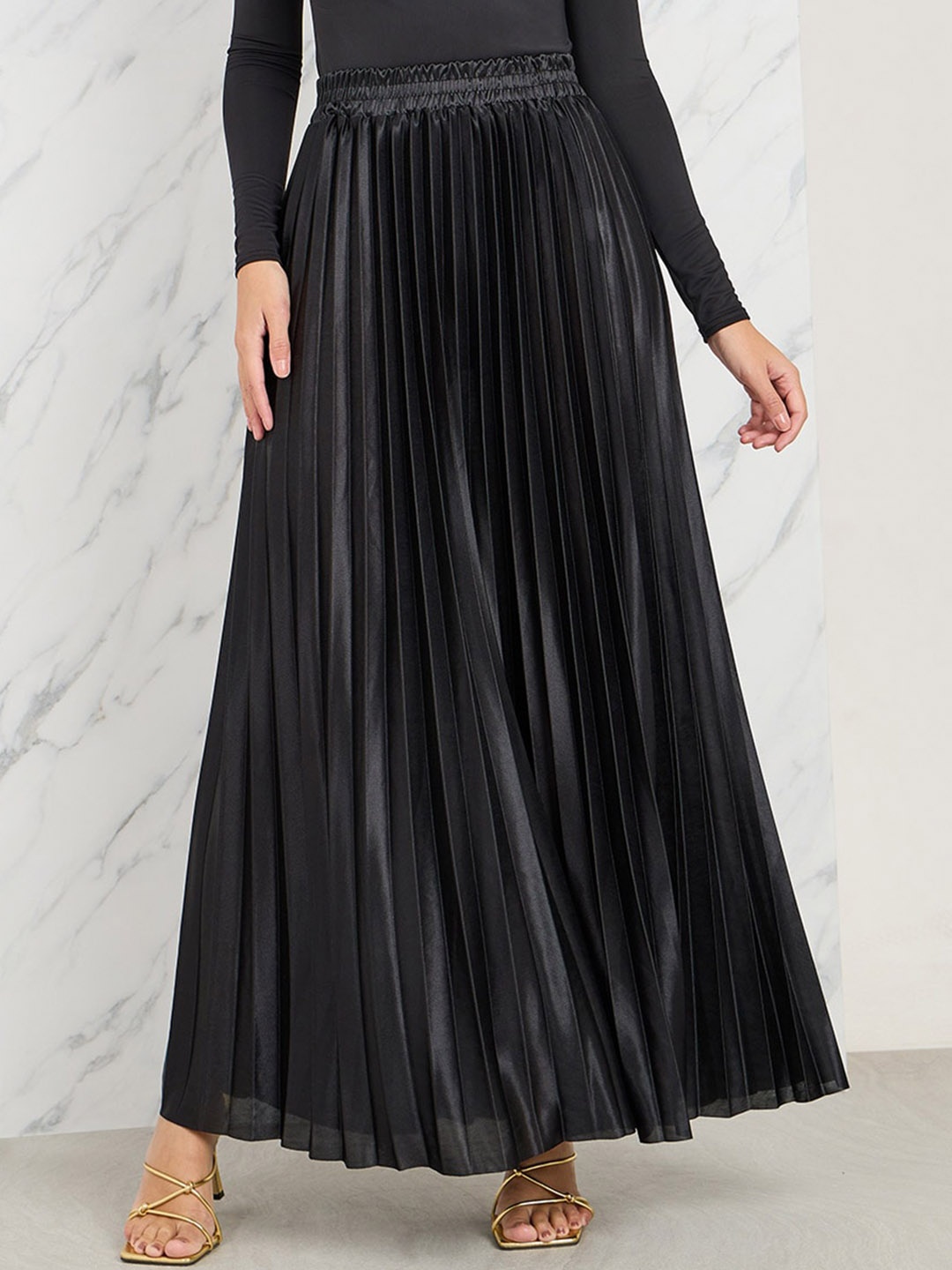 

Styli Accordion Pleated A-Line Maxi Skirt, Black