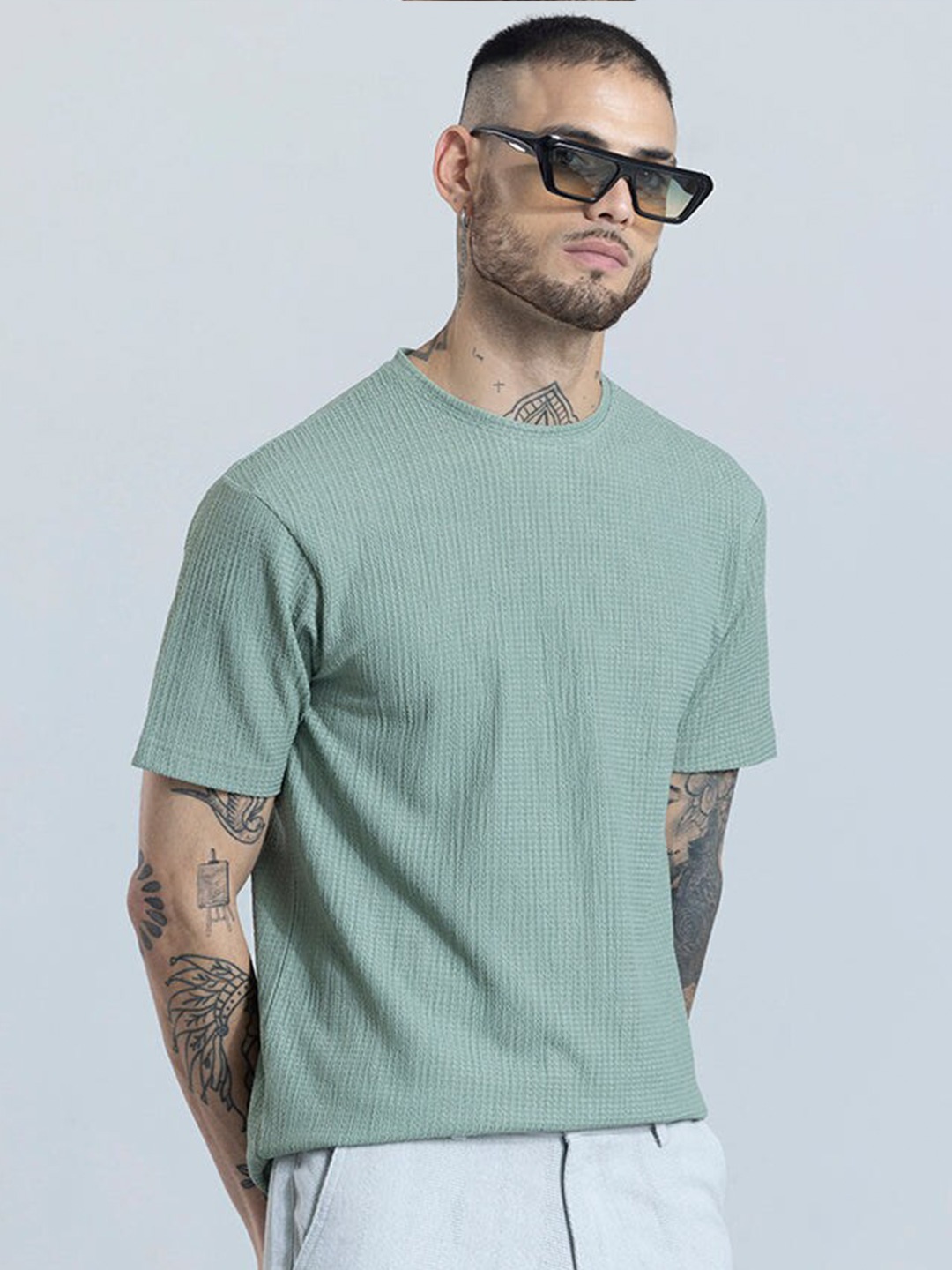 

Snitch Slim Fit Self Design Short Sleeves Round Neck T-shirt, Turquoise blue