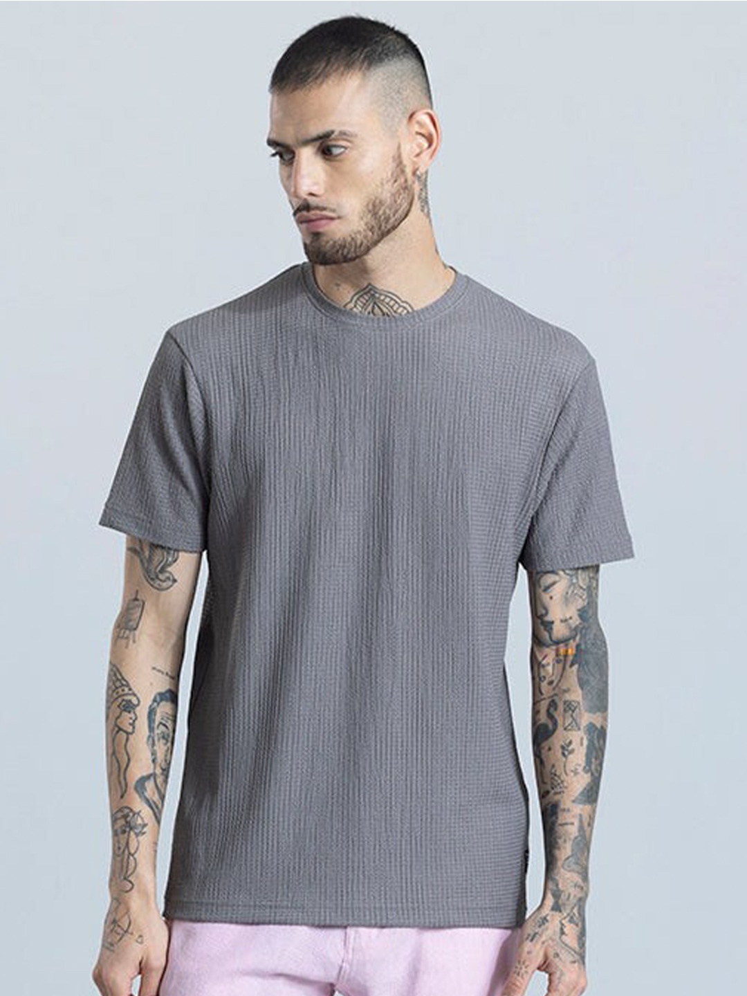 

Snitch Textured Round Neck Short Sleeves Slim Fit T-shirt, Grey