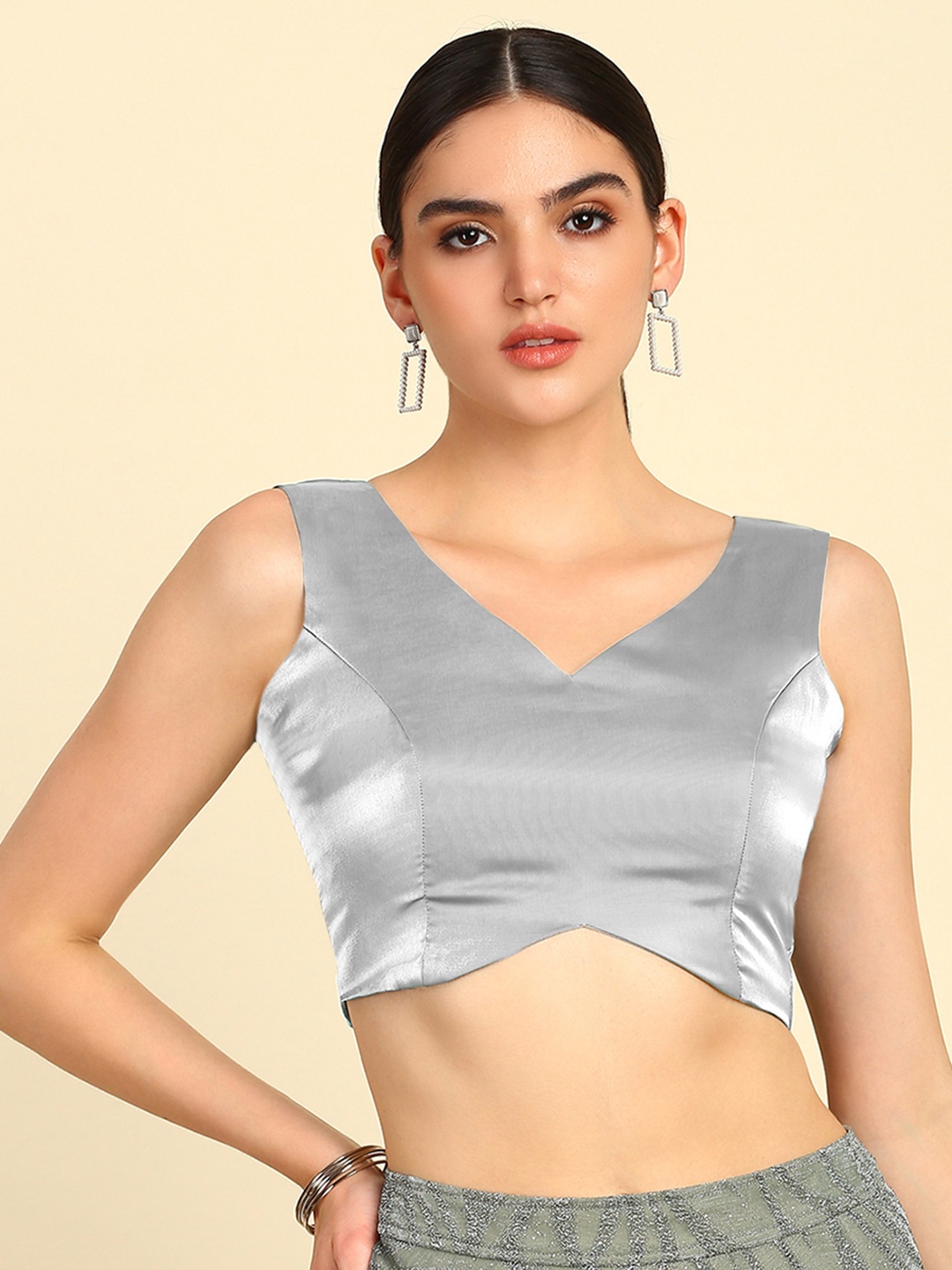 

Soch Grey V-Neck Sleeveless Saree Blouse