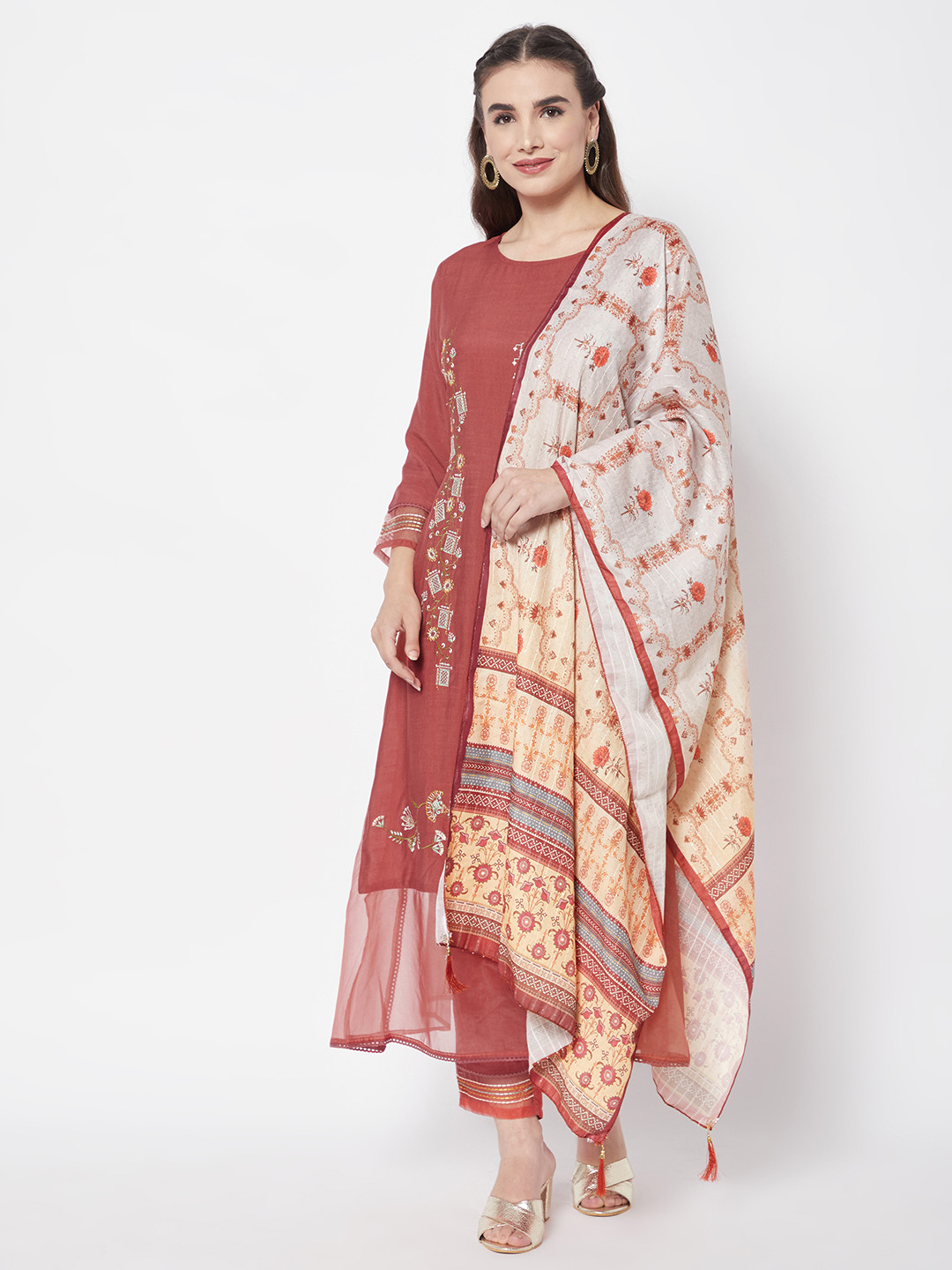 

HEEPOSH Women Floral Embroidered Regular Thread Work Chanderi Silk Kurta with Trousers & With Dupatta, Red