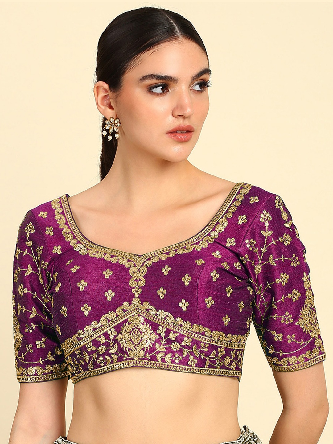 

Soch U-Neck Short Sleeve Embroidered Saree Blouse, Magenta