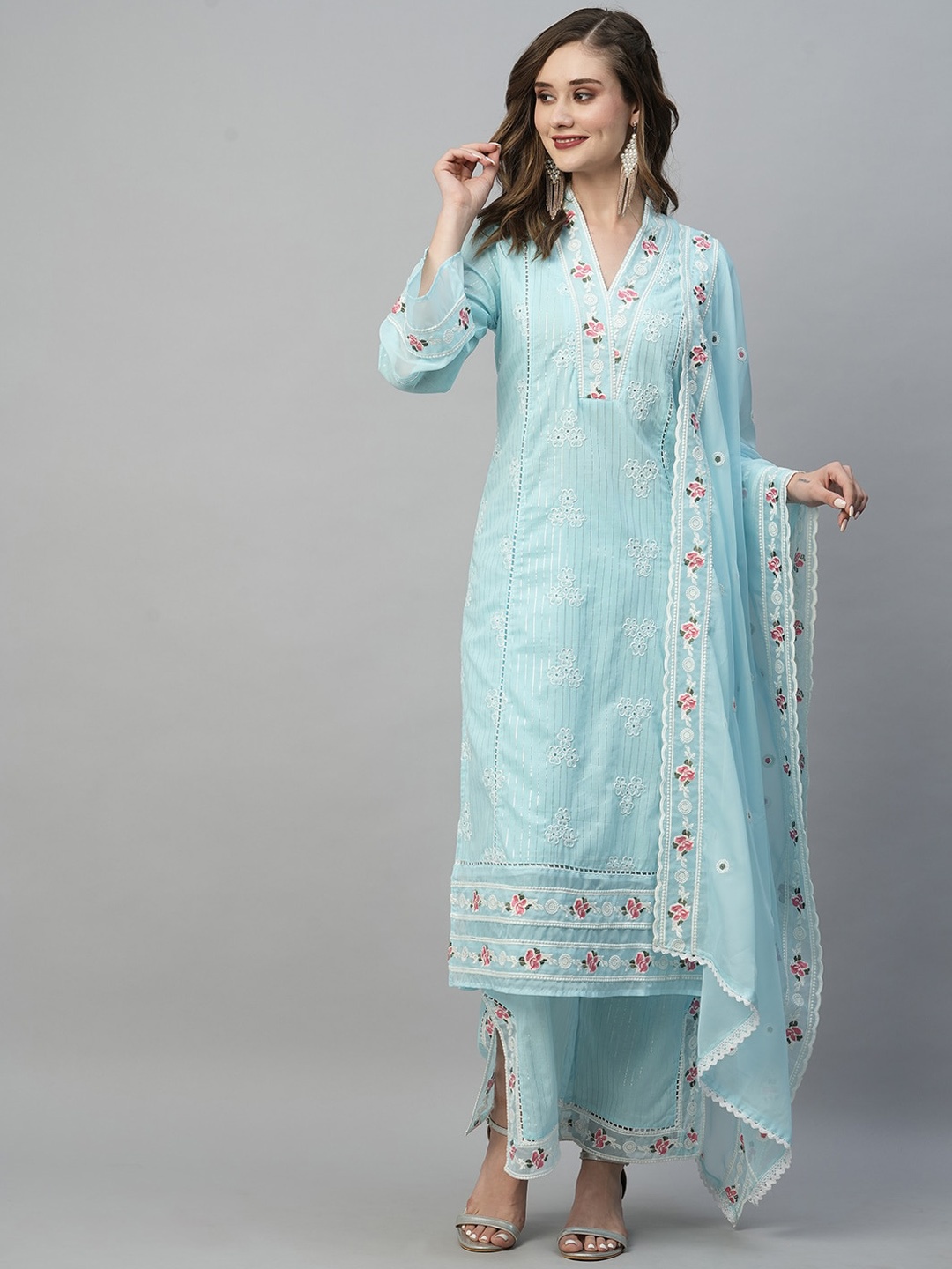 

HEEPOSH Floral Embroidered Regular Thread Work Pure Cotton Kurta With Palazzos & Dupatta, Blue