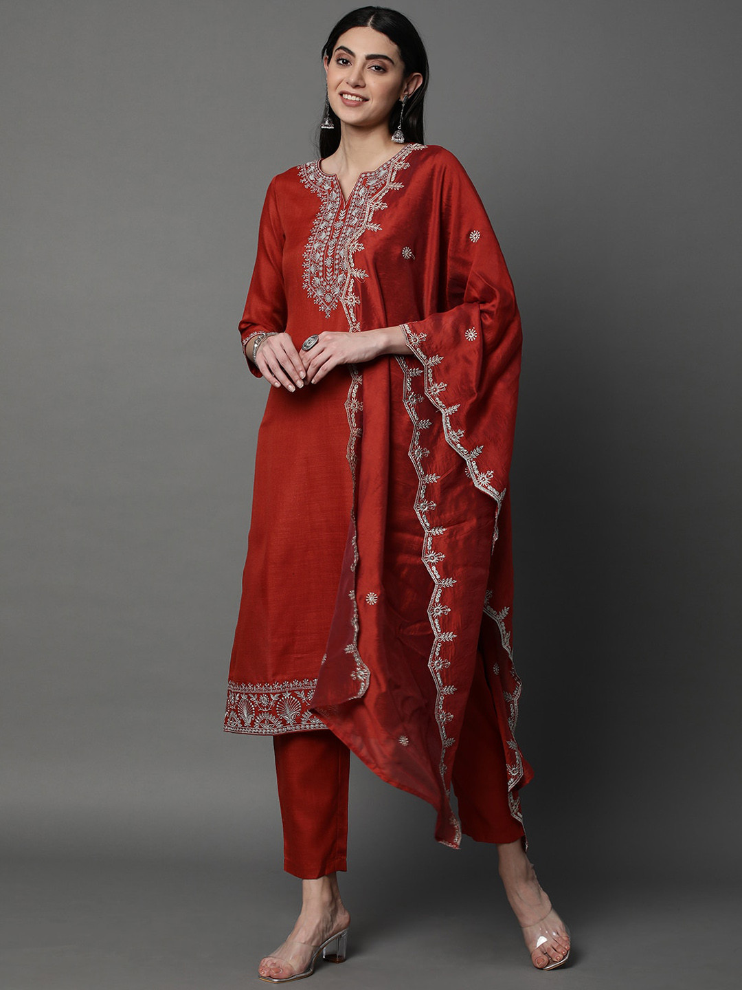 

HEEPOSH Floral Embroidered Round Neck Thread Work Straight Kurta with Trousers & Dupatta, Rust