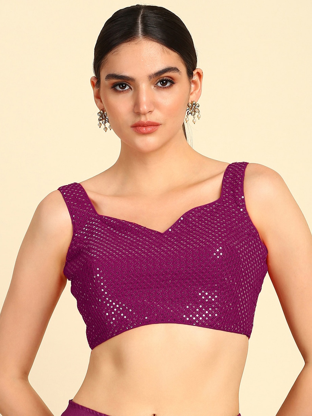 

Soch Maroon Sweetheart Neck Sequined Saree Blouse