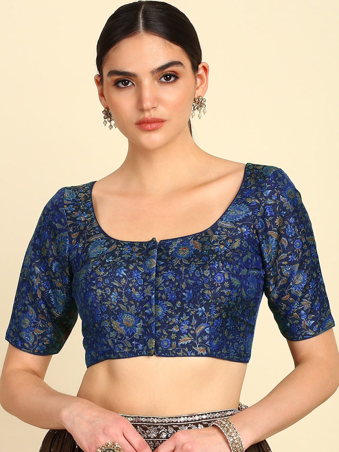 

Soch Printed U-Neck Saree Blouse, Blue