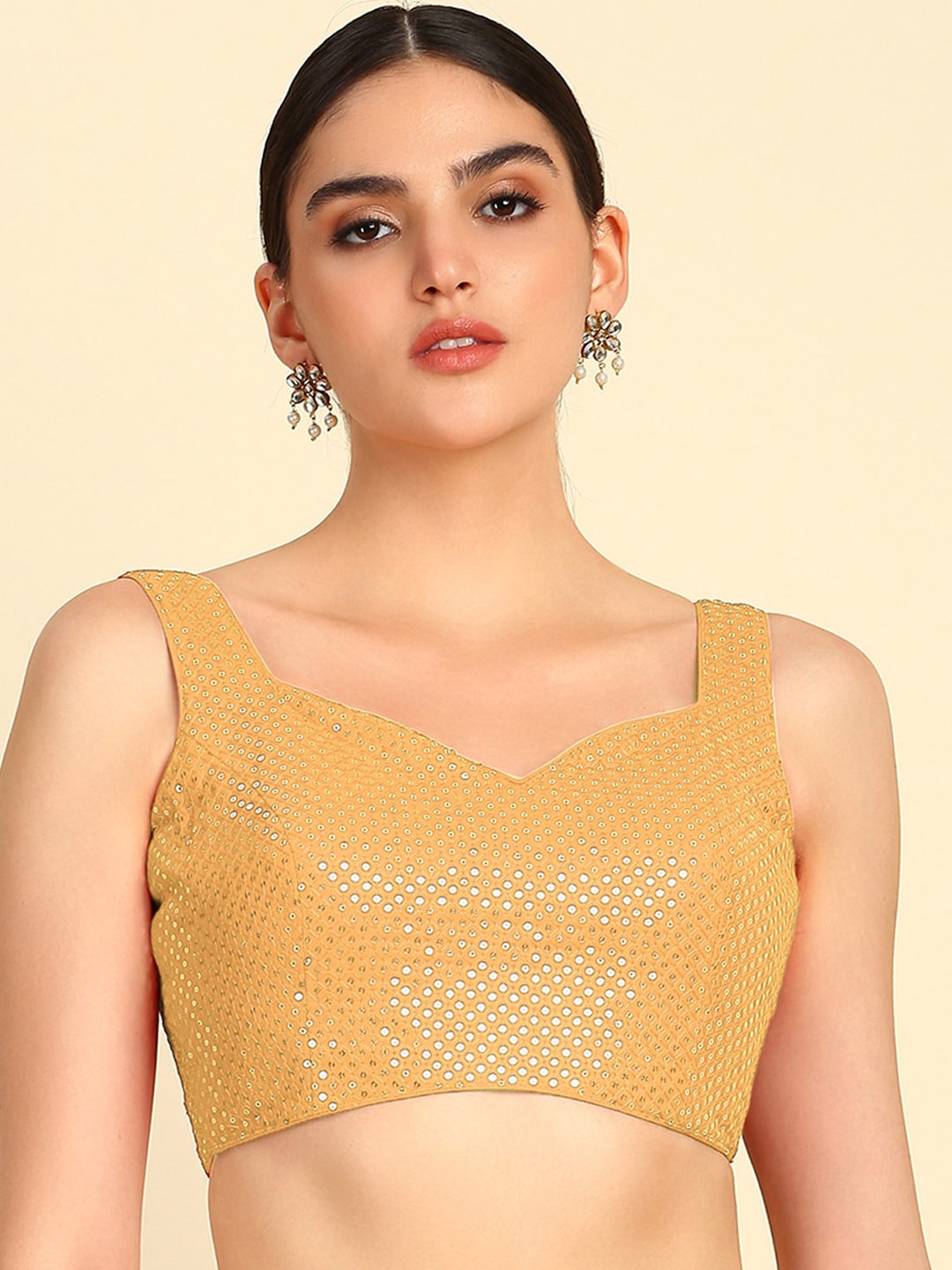 Soch Embellished Sweetheart Neck Sequined Georgette Saree Blouse, Gold