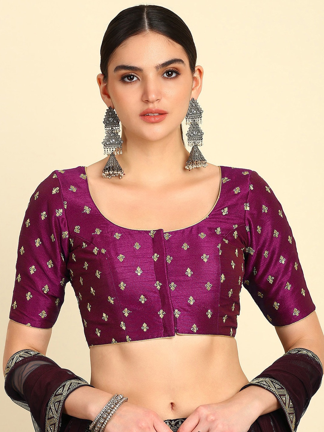 

Soch Embroidered Round Neck Saree Blouse, Maroon