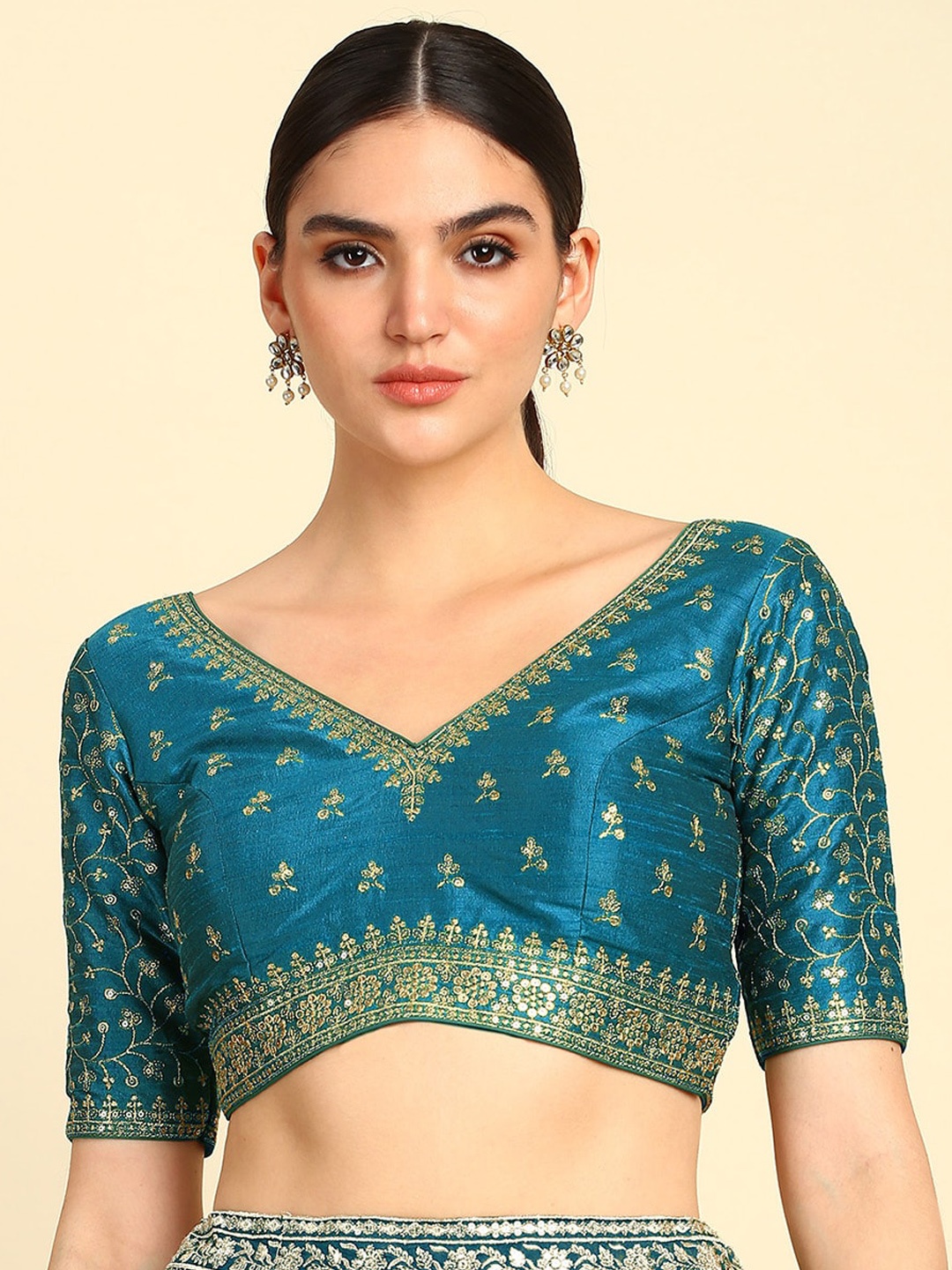 

Soch Embroidered U-Neck Short Sleeve Saree Blouse, Teal