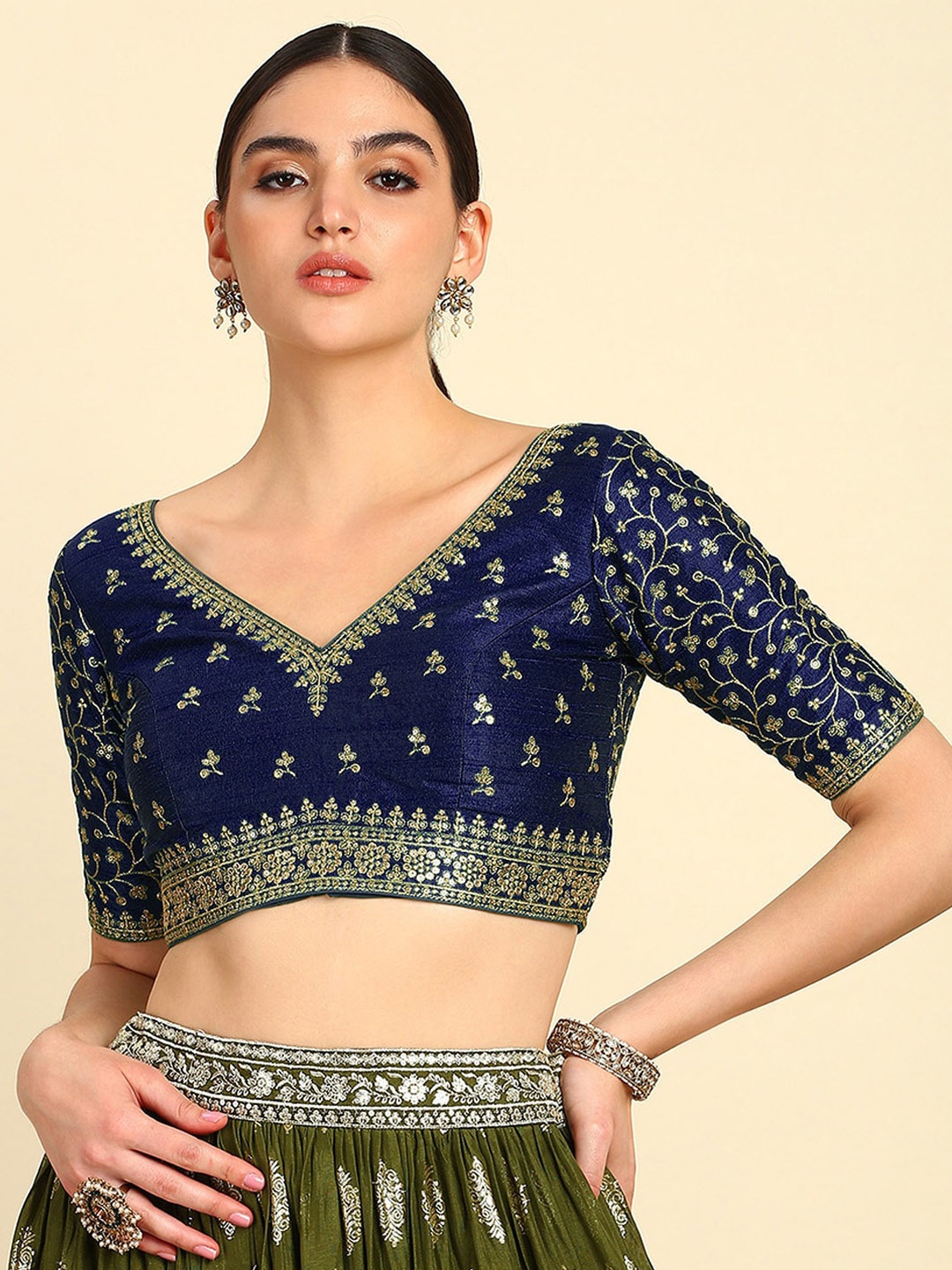 

Soch Embroidered V-Neck Saree Blouse, Navy blue