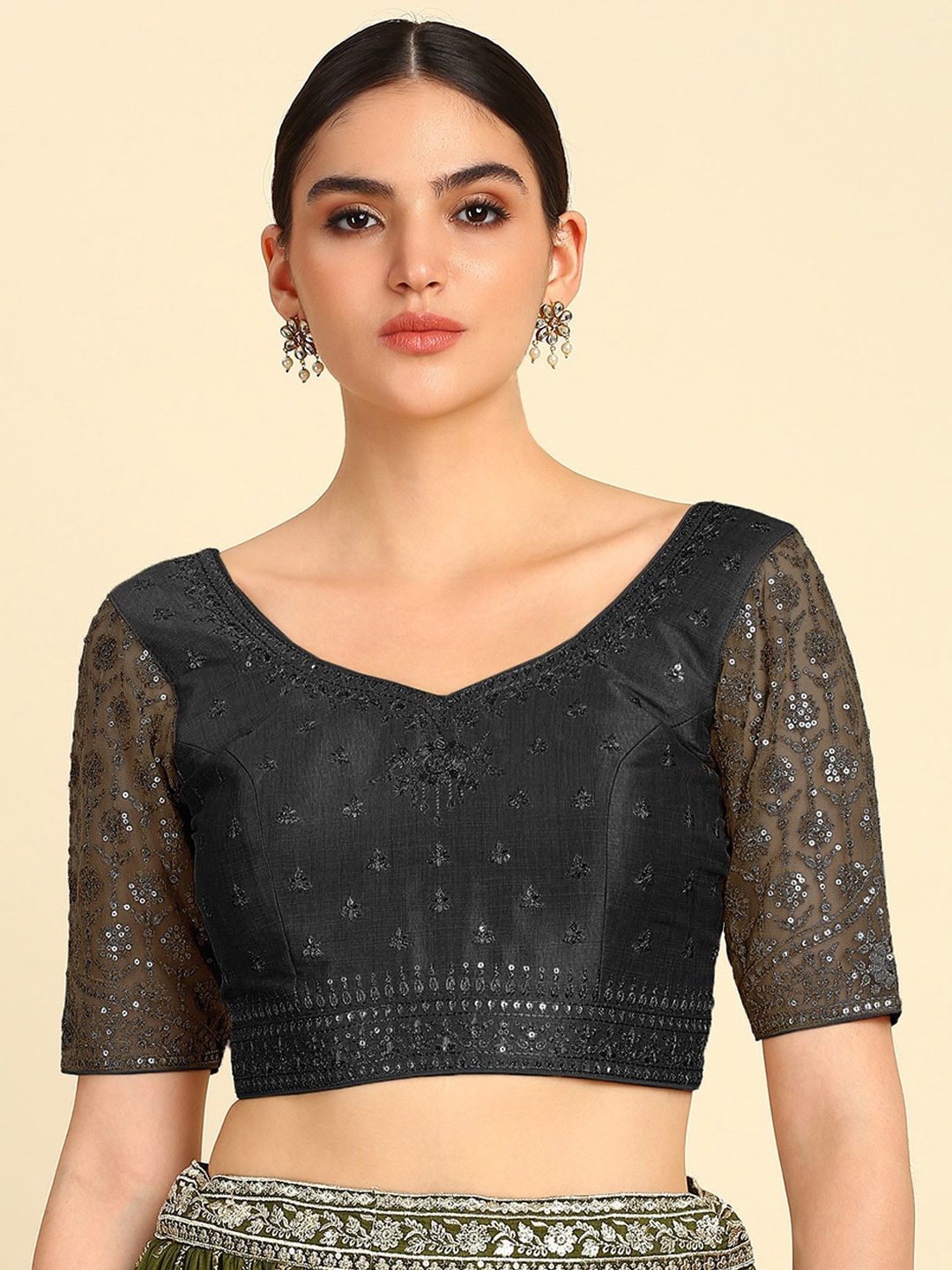 

Soch Embroidered V-Neck Sequinned Saree Blouse, Black