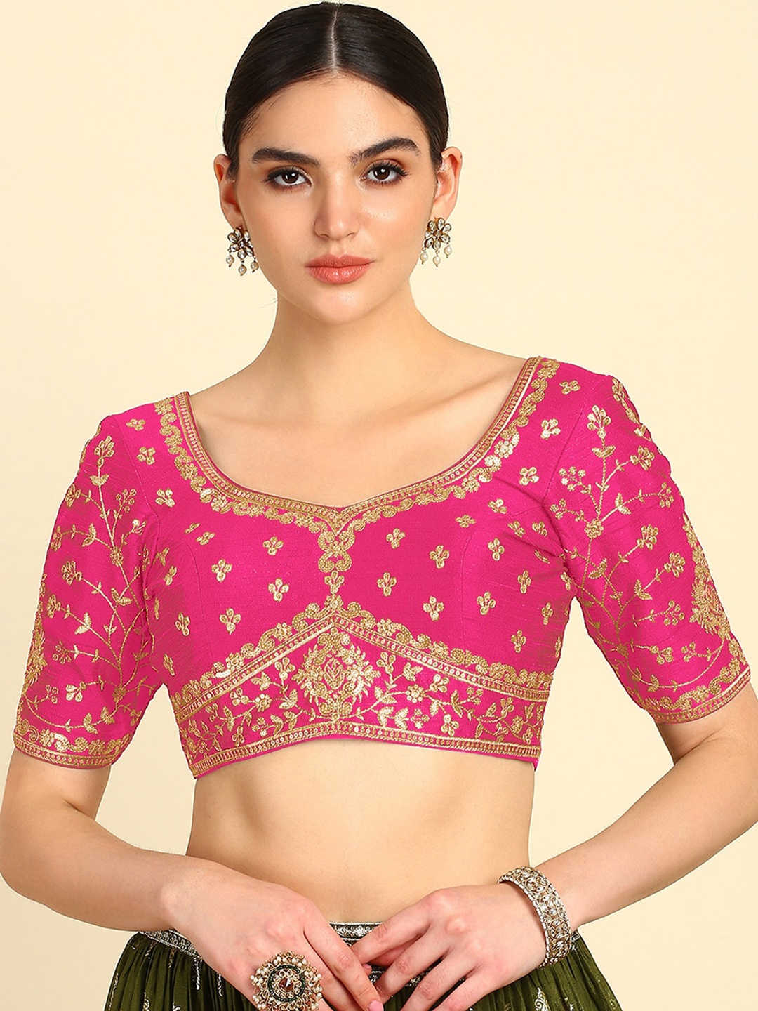 

Soch Embroidered V-Neck Saree Blouse, Pink