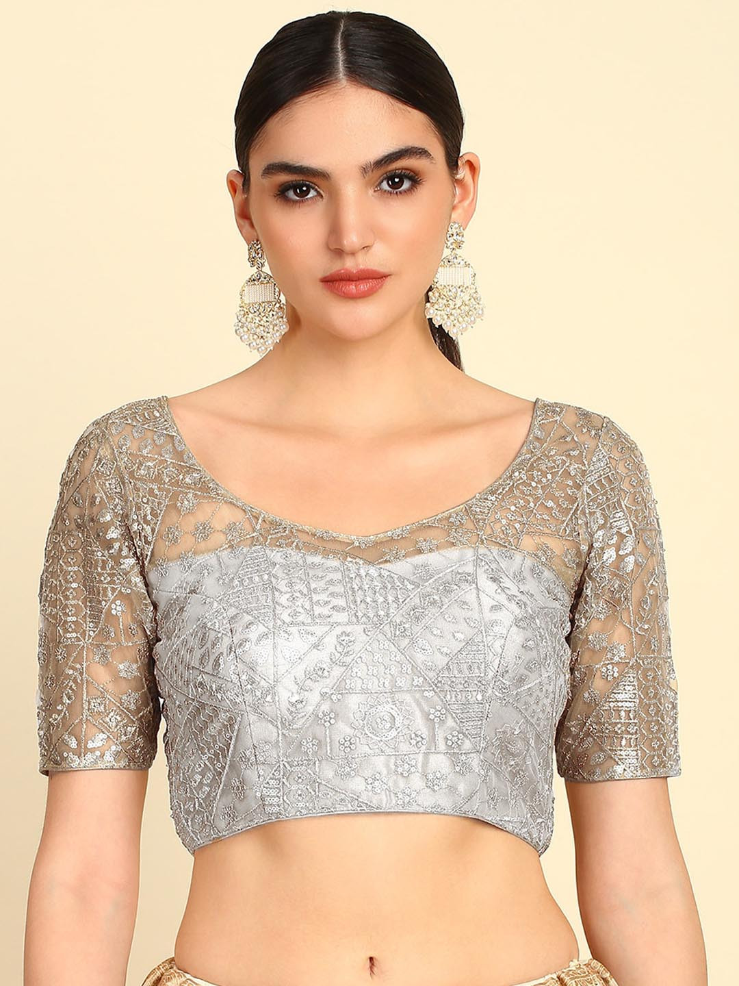 

Soch Embroidered Saree Blouse With Zari, Silver