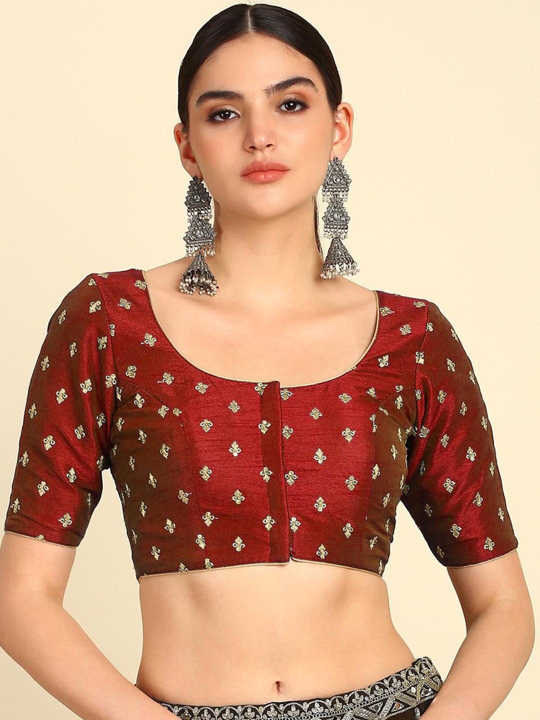 

Soch Maroon Embroidered Round Neck Saree Blouse