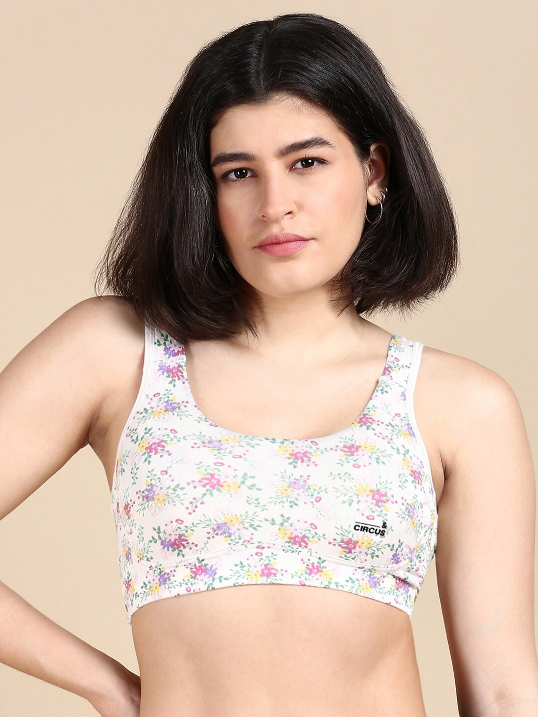 

&CIRCUS Printed High Coverage Non-Padded Non Wired Moisture Wicking MicroModal Lounge Bra, White