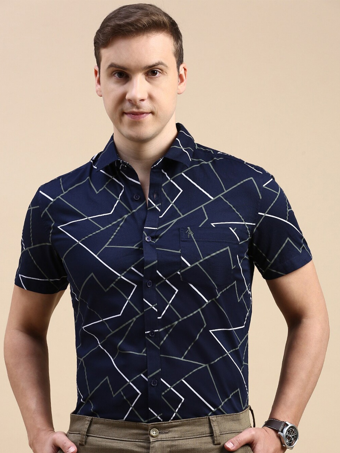 

CP BRO Men Slim Fit Windowpane Checks Opaque Printed Casual Shirt, Navy blue