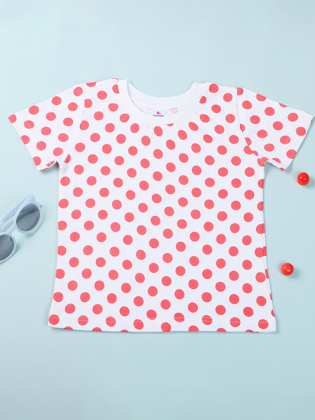

TWEENY MINI Girls Polka Dot Printed Pure Cotton Pockets T-shirt, Red