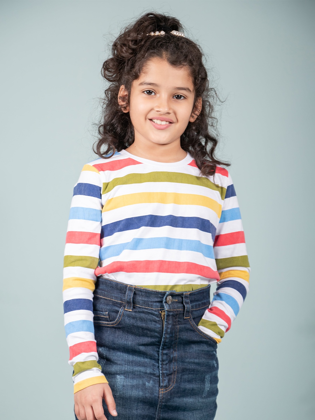 

TWEENY MINI Girls Striped Pure Cotton Pockets T-shirt, Multi