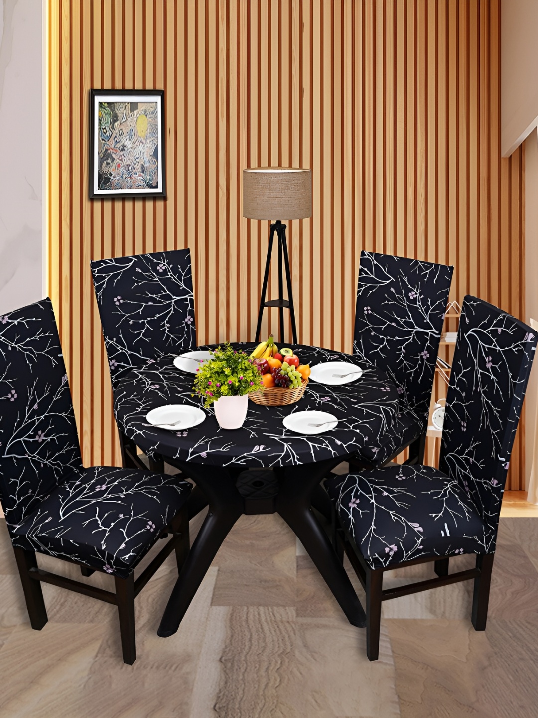 

Eleganta Black Floral Printed Anti-Slip Round 4-Seater Table Cover