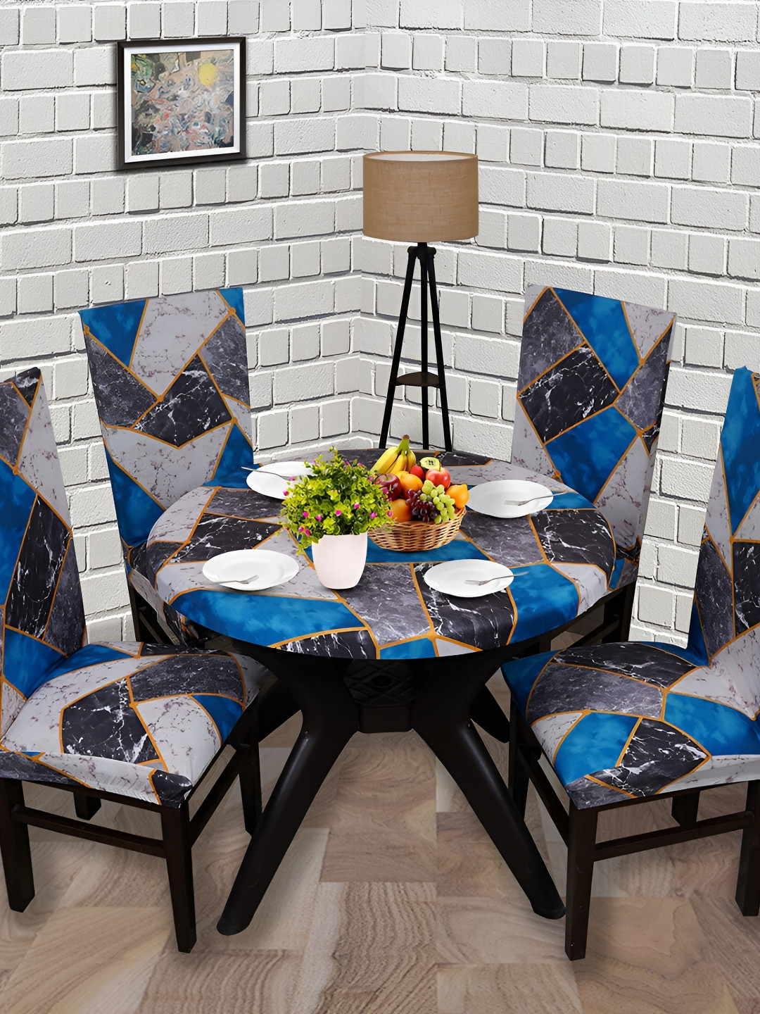 

Eleganta Teal Geometric Printed Anti-Slip Round 6-Seater Table Cover