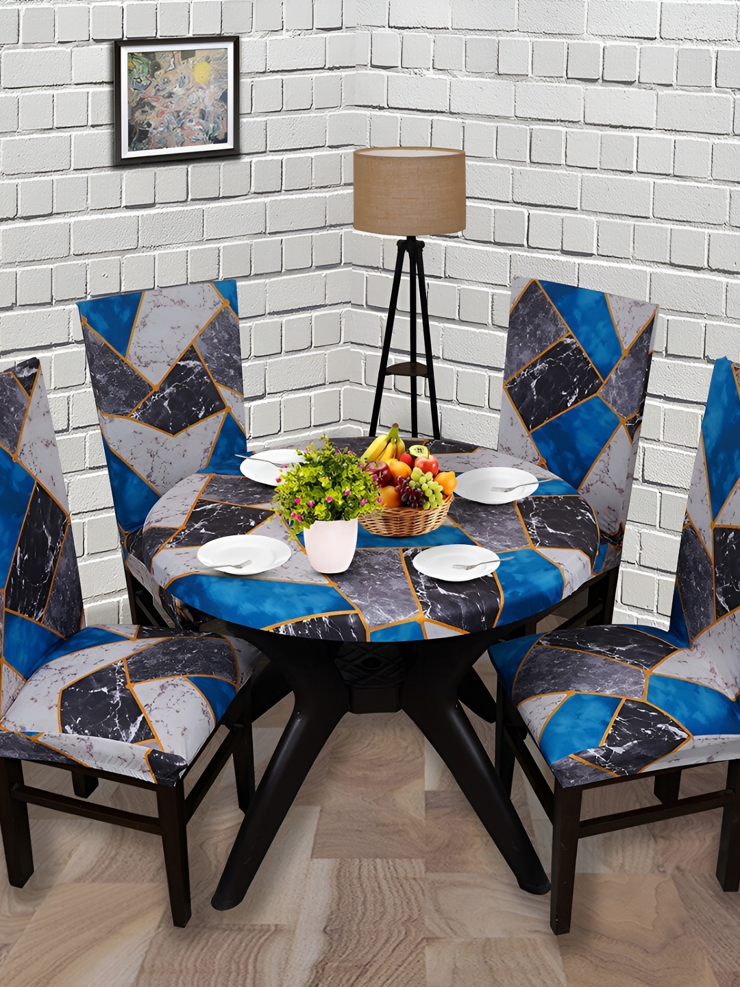 

Eleganta Teal Geometric Printed Anti-Slip Round 4-Seater Table Cover
