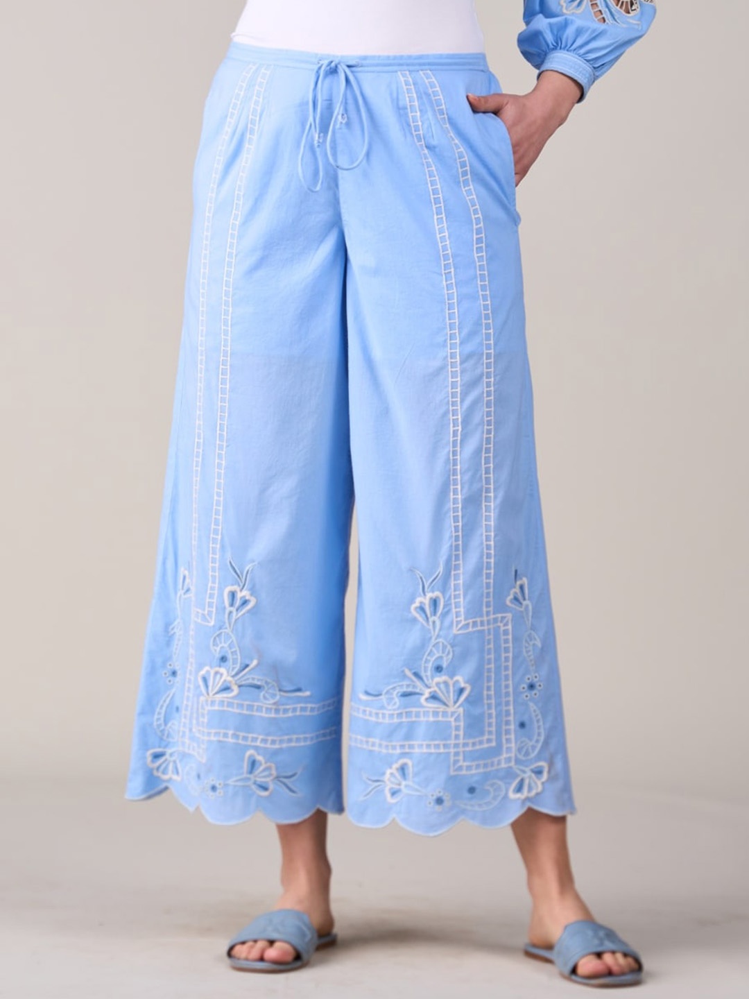 

Style Island Women Embroidered High Rise Relaxed-Fit Wide Leg Trousers, Blue