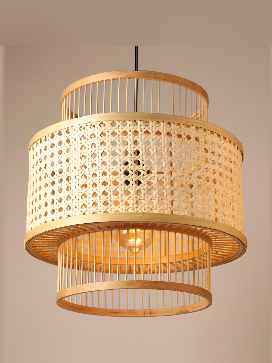 

HABERE INDIA Beige Textured Contemporary Wooden Ceiling Lamp