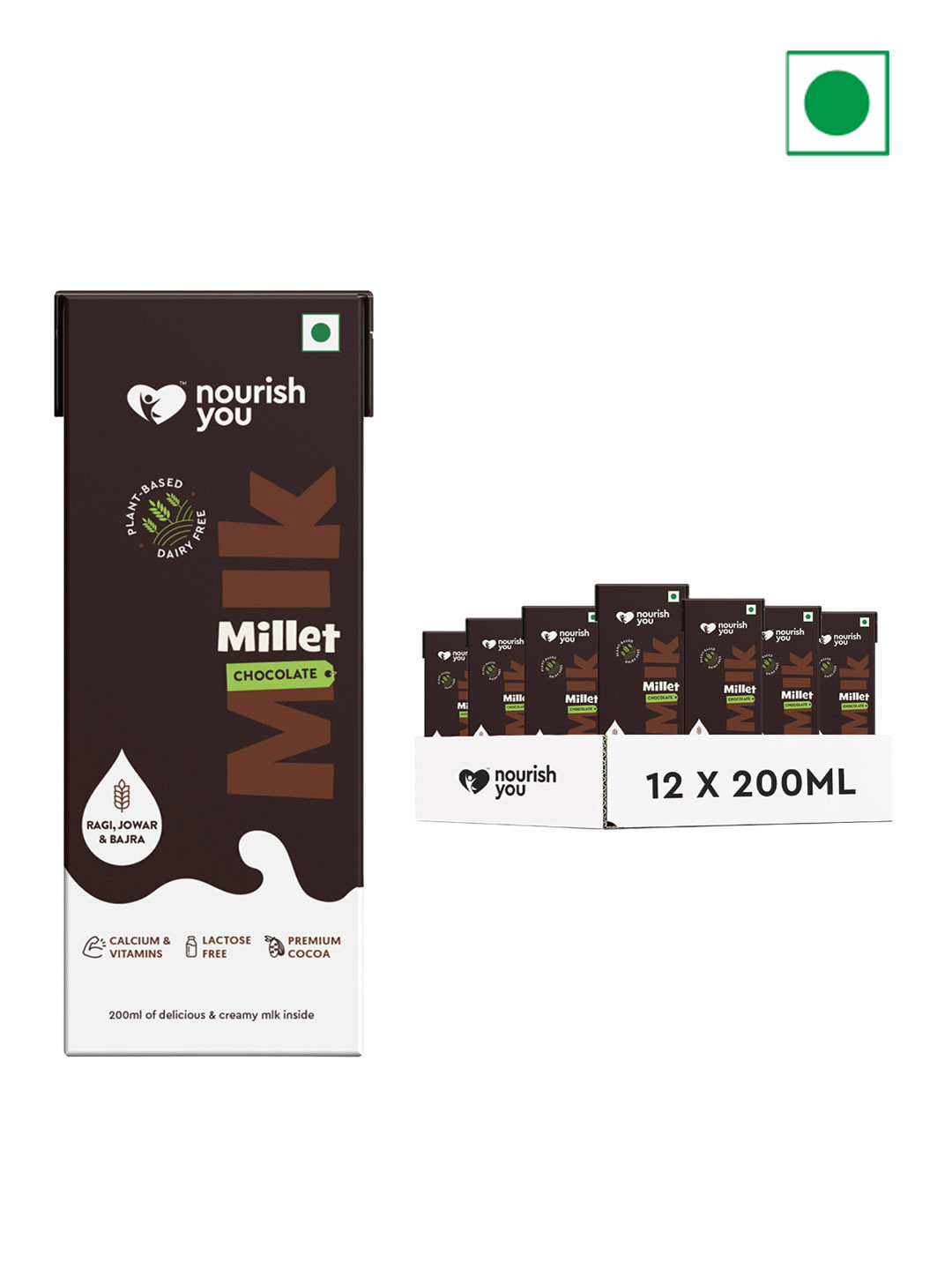 

Nourish You Pack Of 12 Original Vegan Chocolate Millet Oats Milk- 200Ml Each, Brown