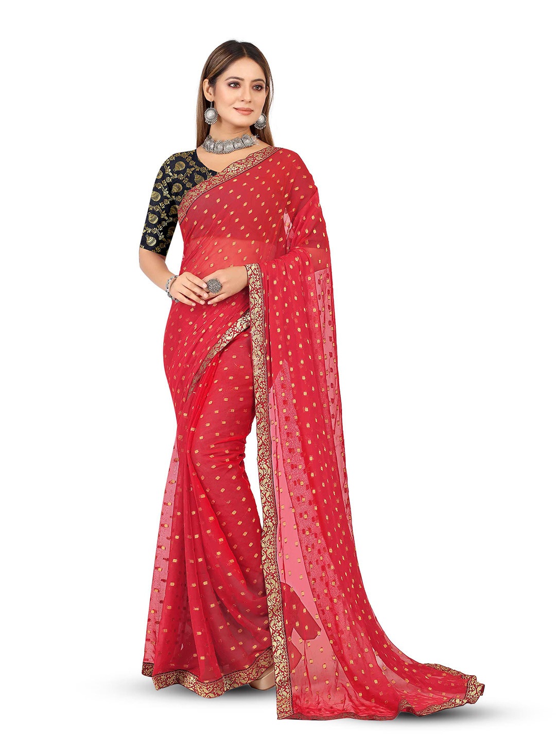 

Aardiva Ethnic Motifs Patchwork Pure Chiffon Saree, Red
