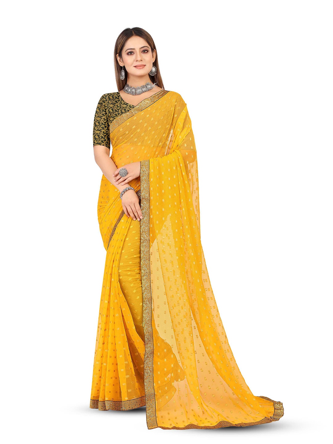 

Aardiva Ethnic Motifs Patchwork Pure Chiffon Saree, Yellow