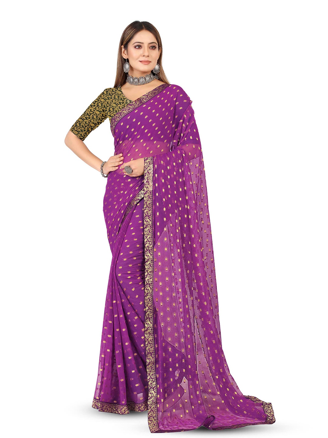 

Aardiva Ethnic Motifs Patchwork Pure Chiffon Saree, Purple