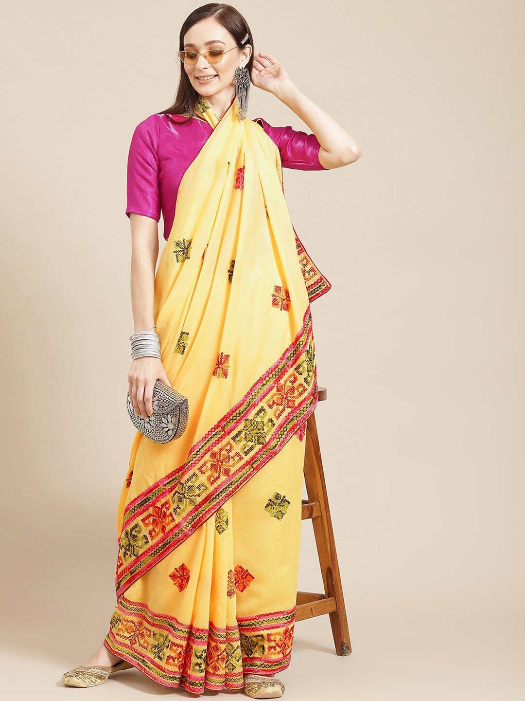 

KALINI Floral Embroidered Saree, Yellow