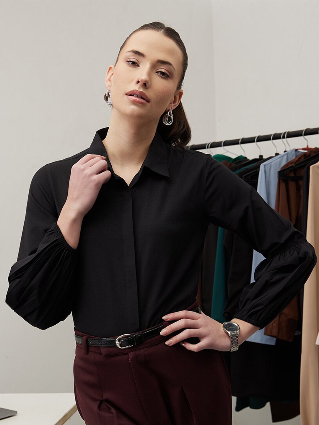 WORK IT by STREET 9 Women Smart Tailored Fit Opaque Formal Shirt, Black