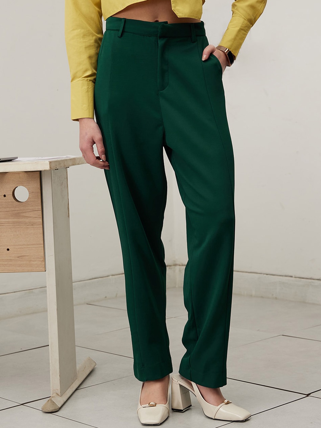 

WORK IT by STREET 9 Women Tailored Straight Fit Mid-Rise Trousers, Green
