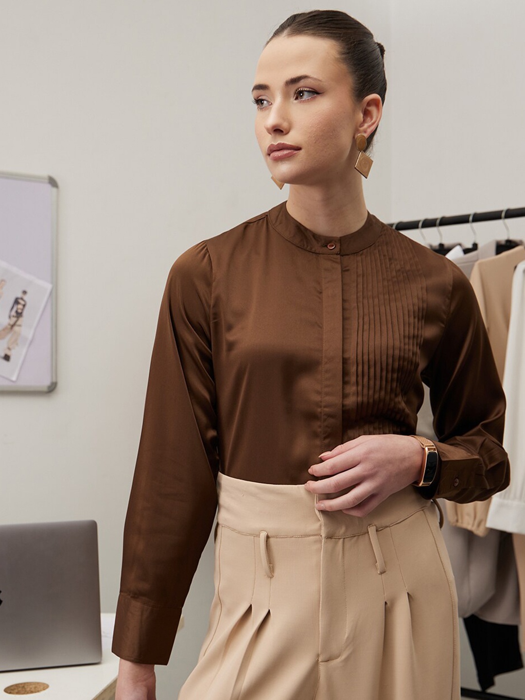 

WORK IT by STREET 9 Women Smart Tailored Fit Opaque Formal Shirt, Brown