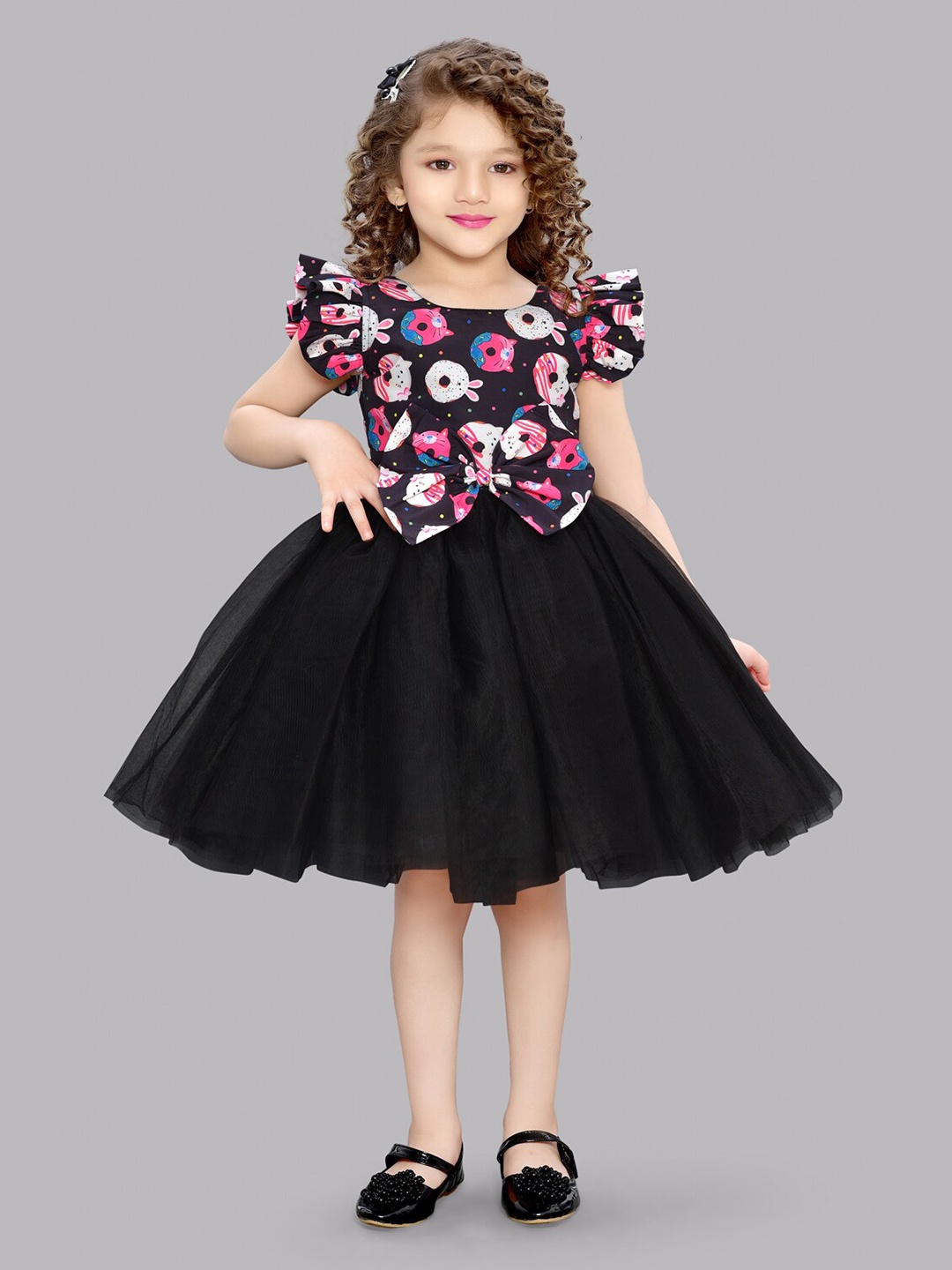 

Pink Chick Girls Printed Flutter Sleeve Fit & Flare Net Dress, Black
