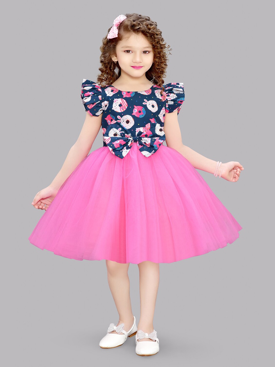 

Pink Chick Girls Printed Flutter Sleeve Fit & Flare Net Dress