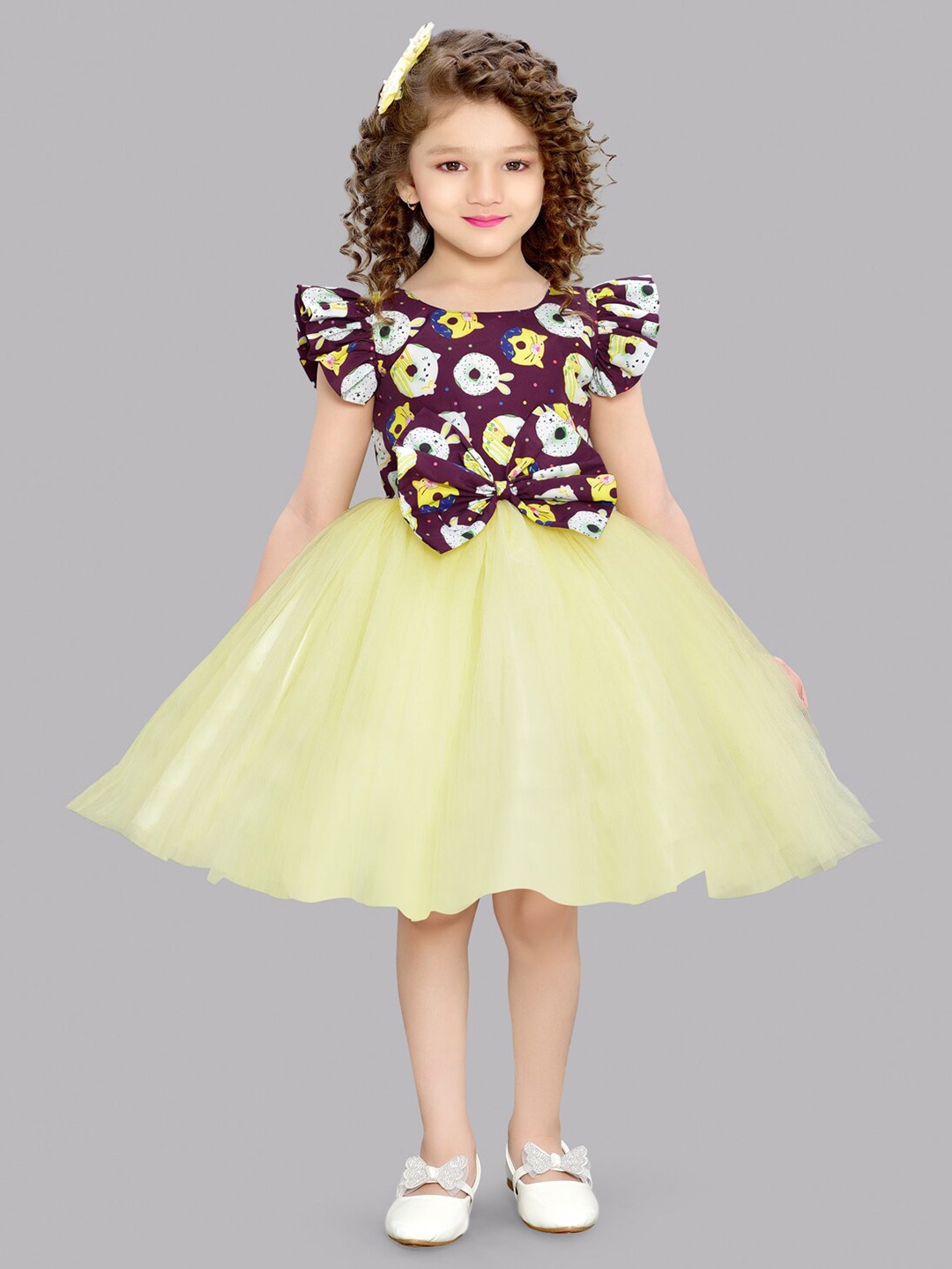 

Pink Chick Girls Printed Flutter Sleeve Fit & Flare Net Dress, Yellow