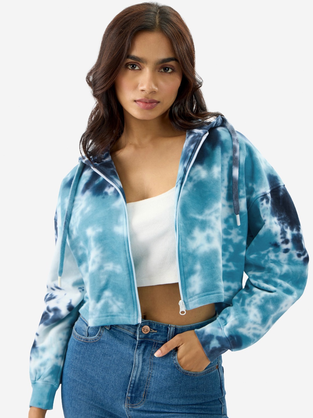 

The Souled Store Tie & Dyed Hooded Pure Cotton Crop Sweatshirt, Green