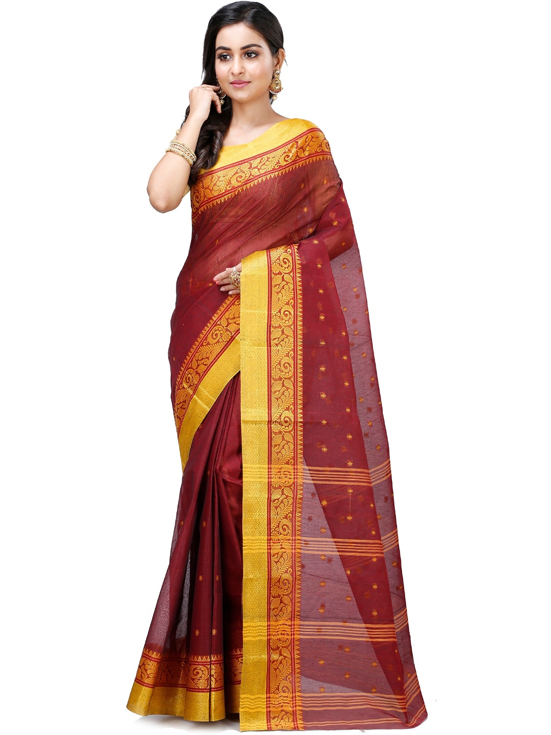 

DipDiya Ethnic Motifs Woven Design Zari Pure Cotton Taant Saree, Brown