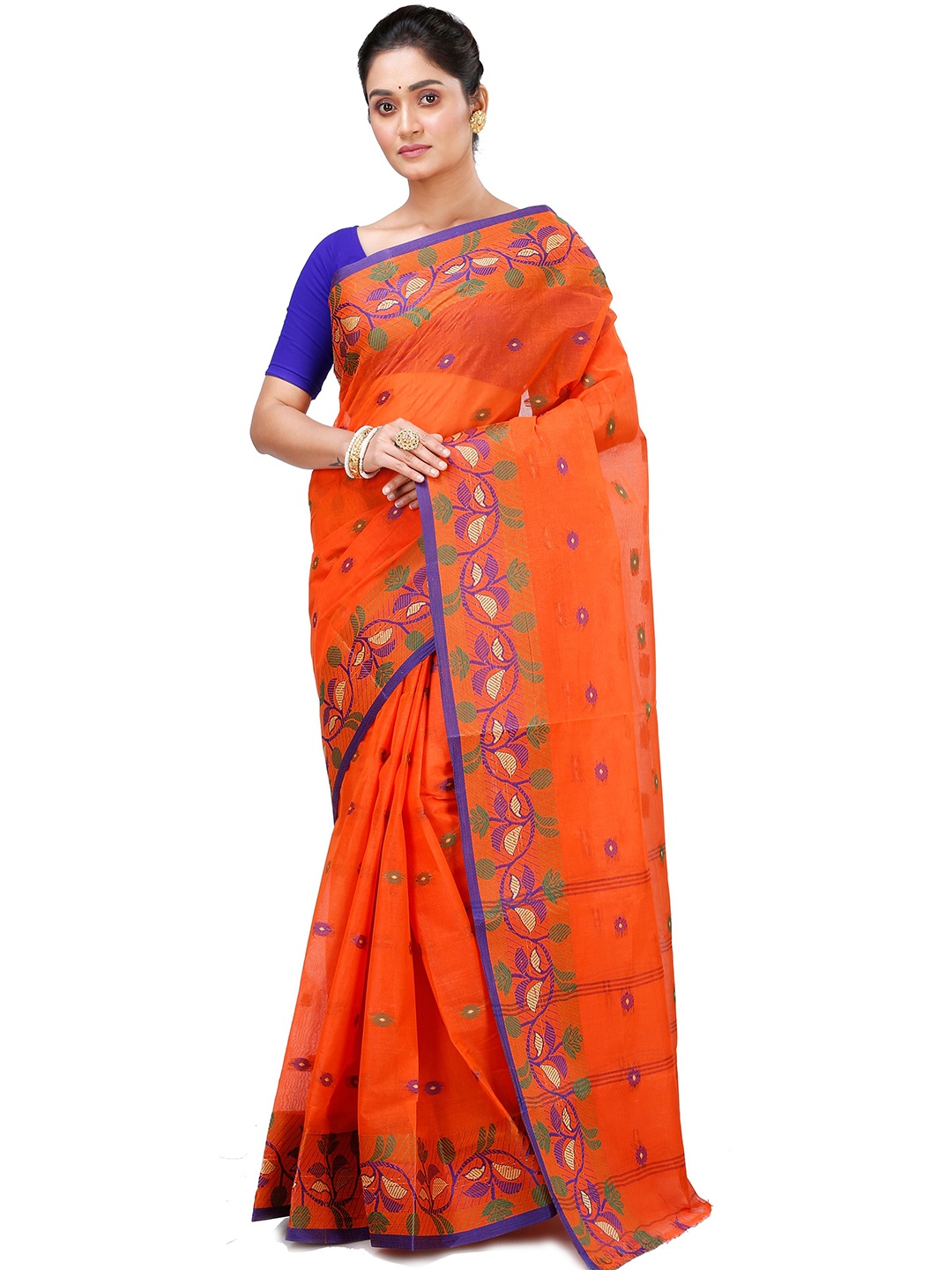 

DipDiya Floral Woven Design Pure Cotton Taant Saree, Orange