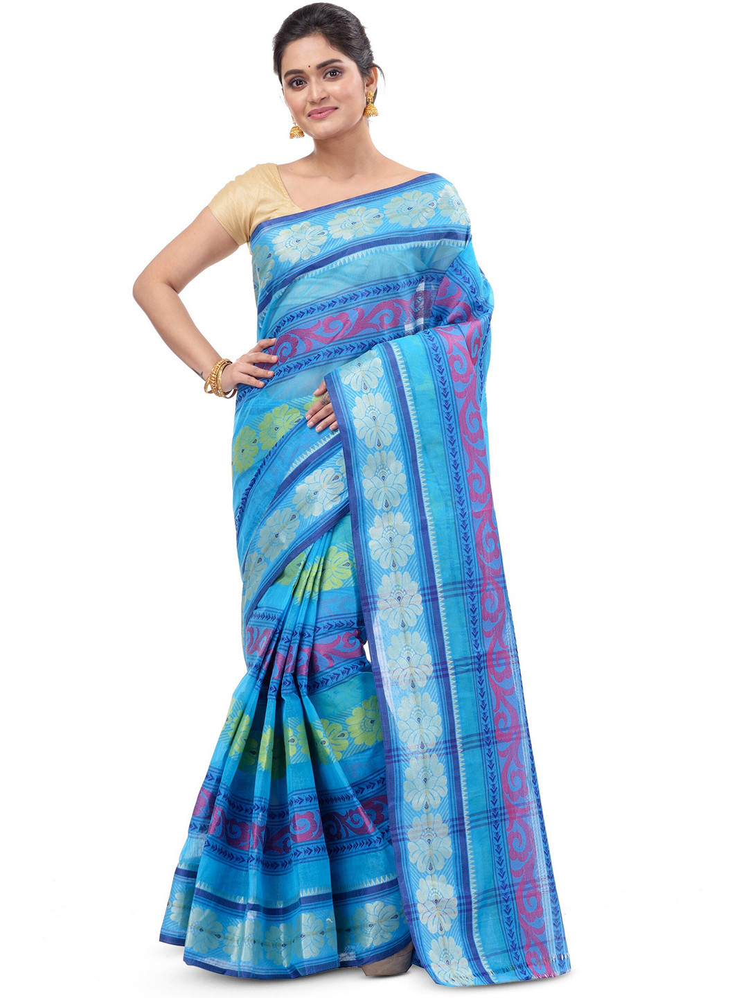 

DipDiya Floral Woven Design Zari Pure Cotton Taant Saree, Blue
