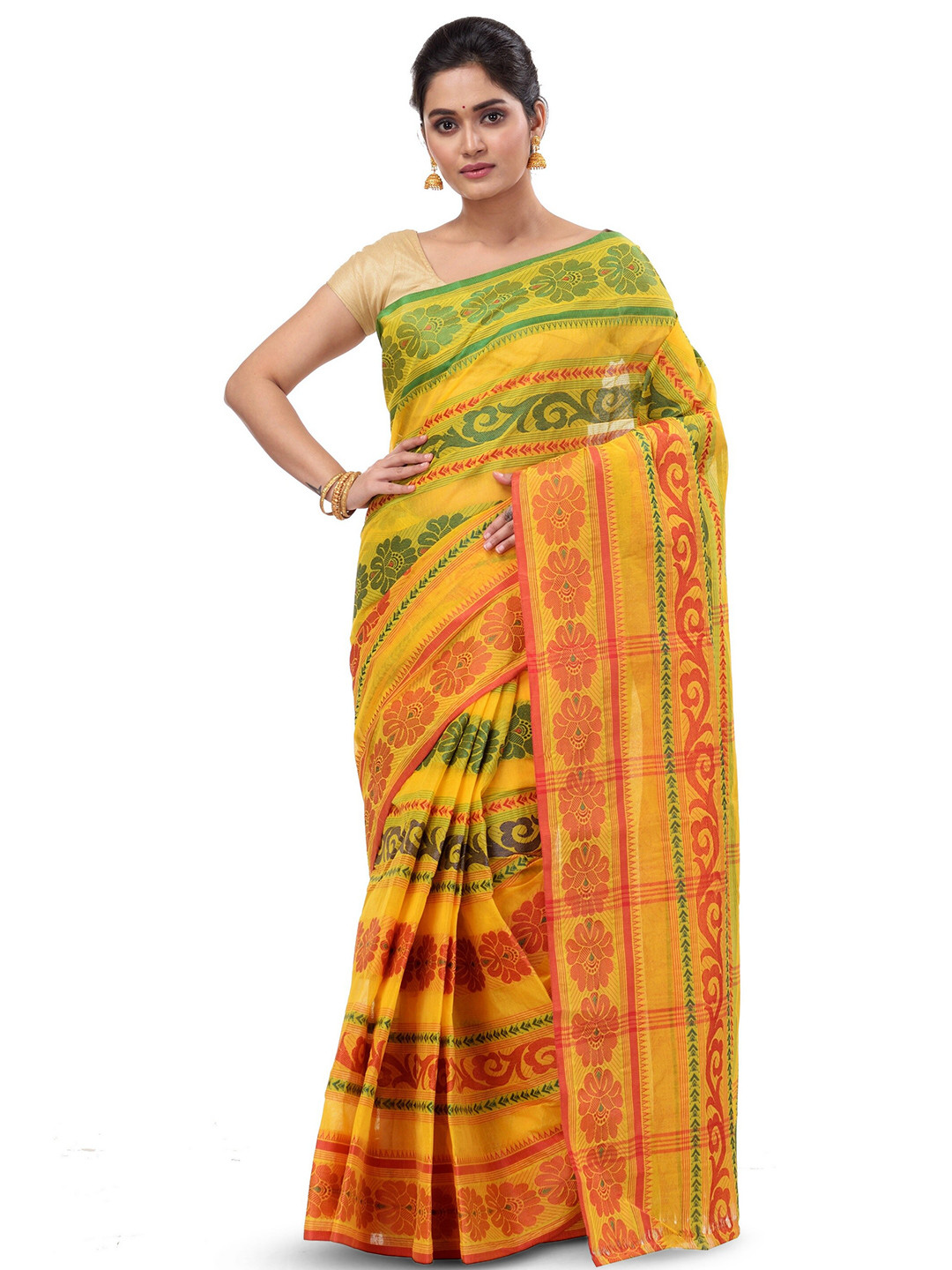 

DipDiya Floral Woven Design Zari Pure Cotton Taant Saree, Yellow