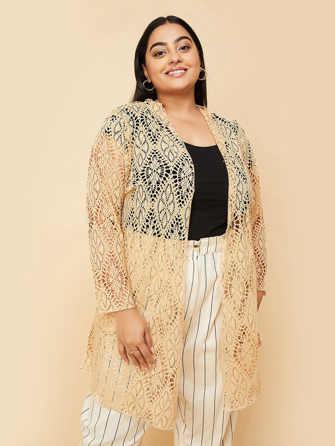 

max Plus Size Self Design Sheer Open Front Shrug, Beige