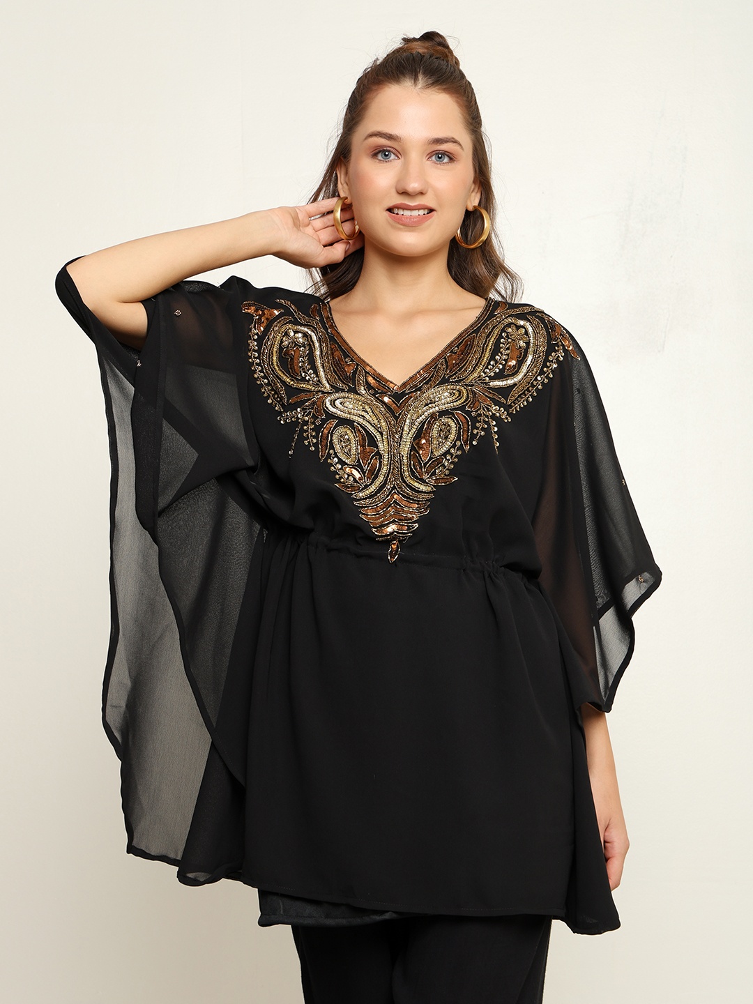 

CRAFTBAZAR Bling Collection Bead Embellished Georgette Kaftan Tunic, Black